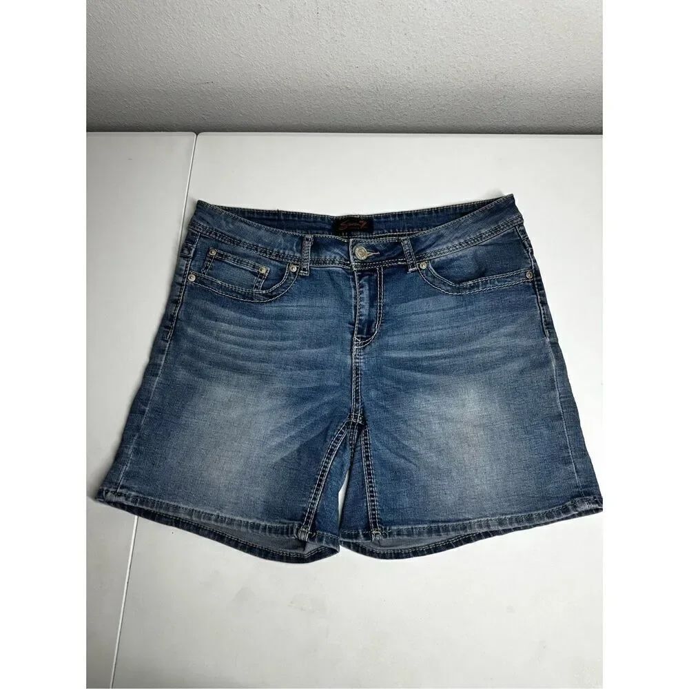 Seven7 Denim Shorts Womens High Rise Size 12 Bermuda Shorts Dark Wash